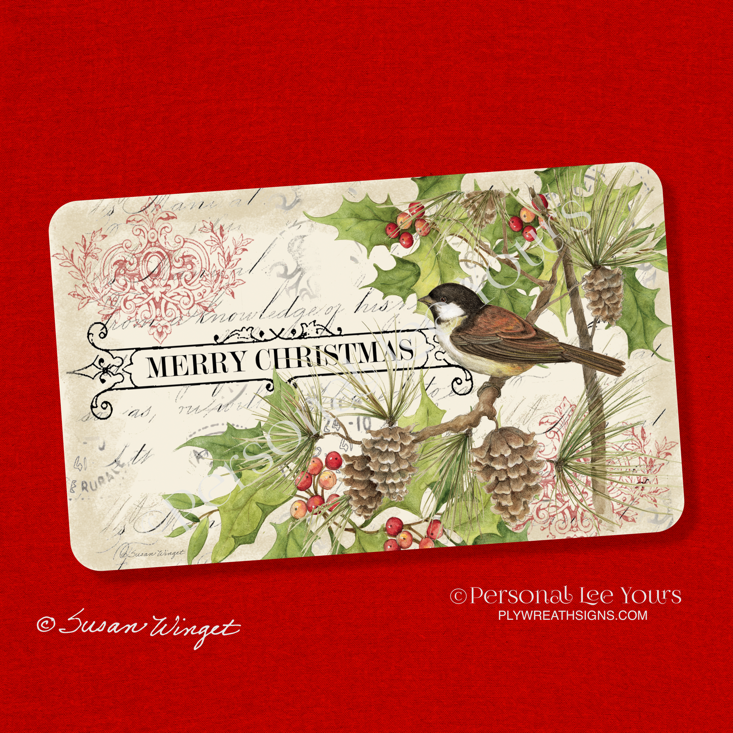 Susan Winget Exclusive Sign * Merry Christmas Chickadee * Horizontal * 3 Sizes * Lightweight Metal