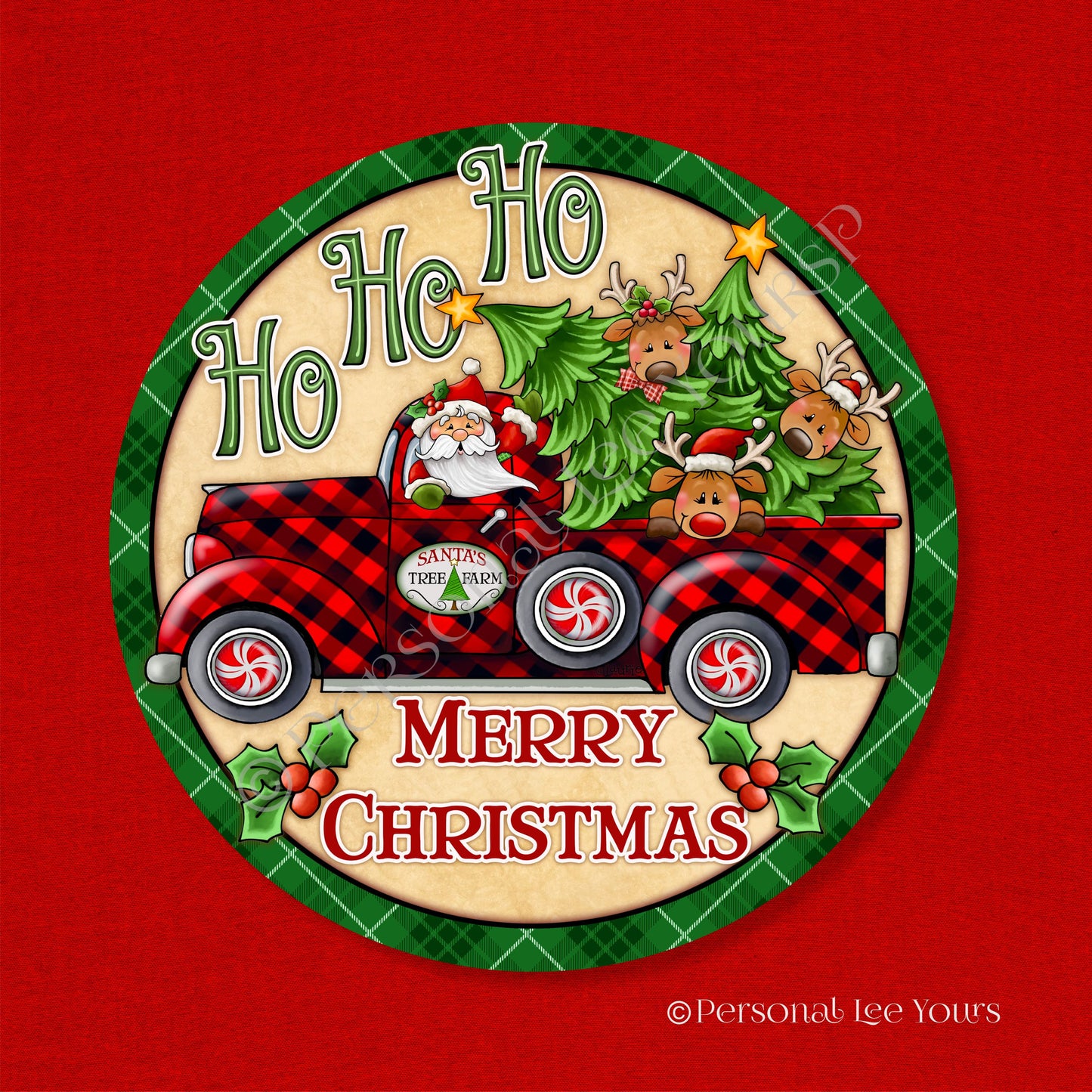 Holiday Wreath Sign * Merry Christmas * Santa * Ho Ho Ho * Plaid Truck * Round * Lightweight