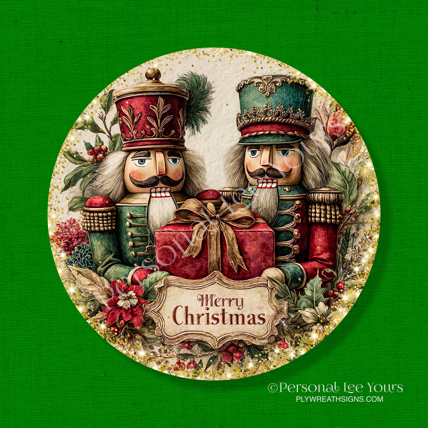 Christmas Wreath Sign * Merry Christmas, Vintage Nutcrackers * Round * Lightweight Metal