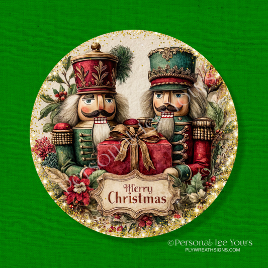 Christmas Wreath Sign * Merry Christmas, Vintage Nutcrackers * Round * Lightweight Metal
