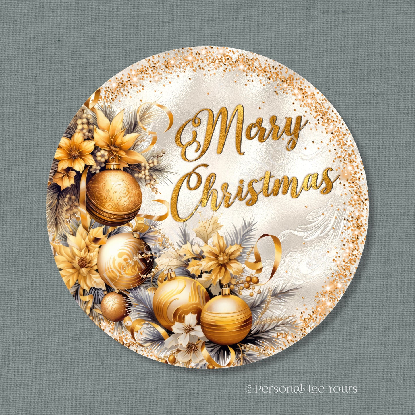 Holiday Wreath Sign * Merry Christmas In Gold * Round * Lightweight Metal