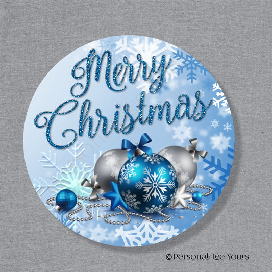 Holiday Wreath Sign * Merry Christmas in Blue * Round * Lightweight Metal