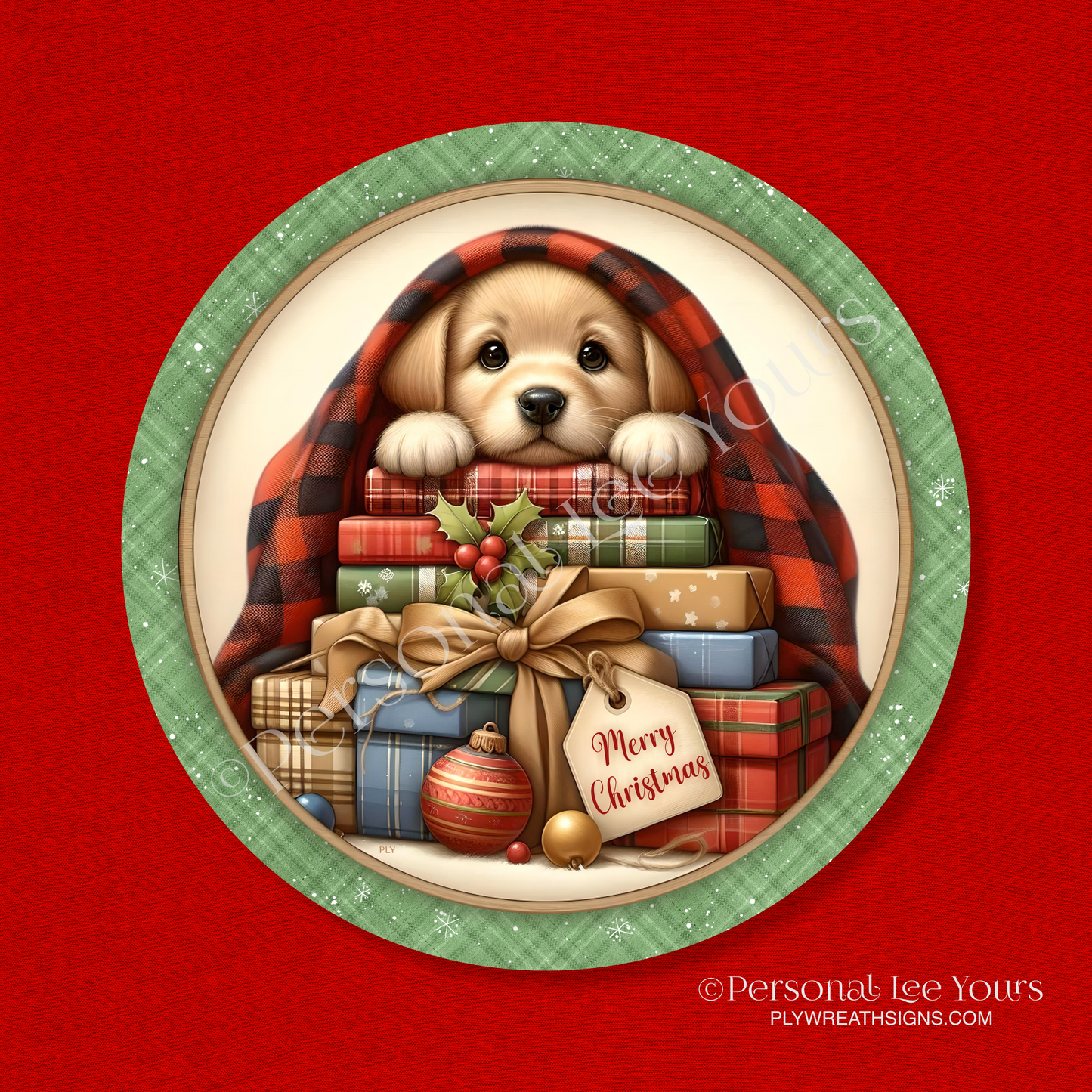 Holiday Wreath Sign * Merry Christmas, Puppy Undercover * Round * Lightweight Metal