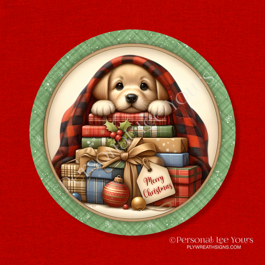 Holiday Wreath Sign * Merry Christmas, Puppy Undercover * Round * Lightweight Metal