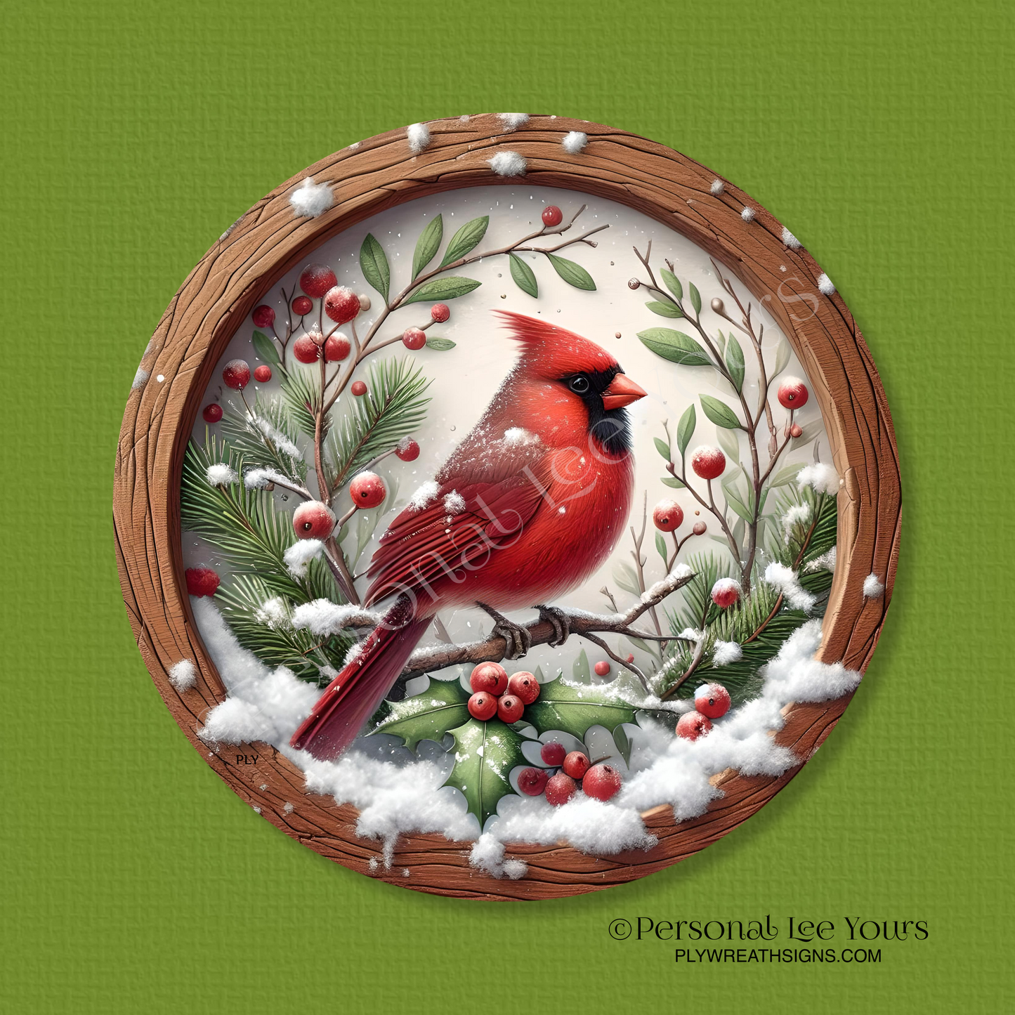Winter Wreath Sign * Matchless Beauty, Cardinal * Round * Lightweight Metal