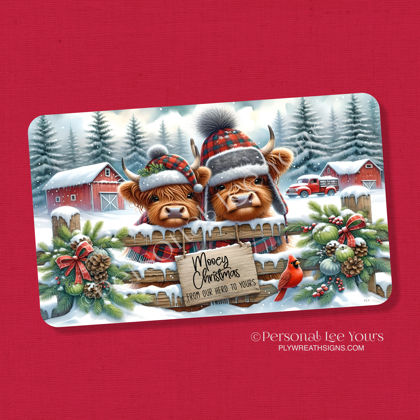 Wreath Sign * Mooey Christmas Highland Cow * Horizontal * 3 Sizes * Lightweight Metal