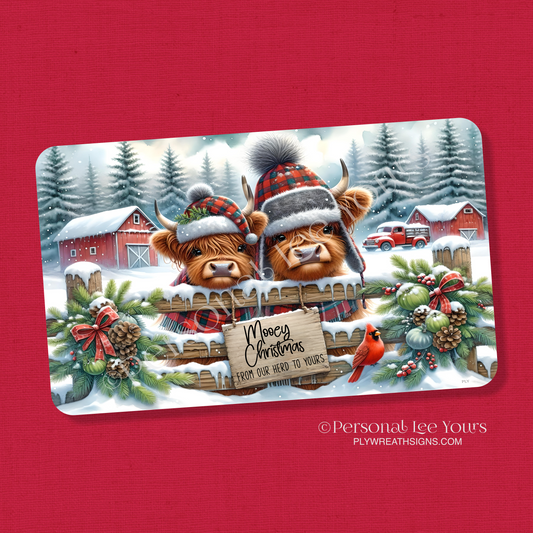 Wreath Sign * Mooey Christmas Highland Cow * Horizontal * 3 Sizes * Lightweight Metal