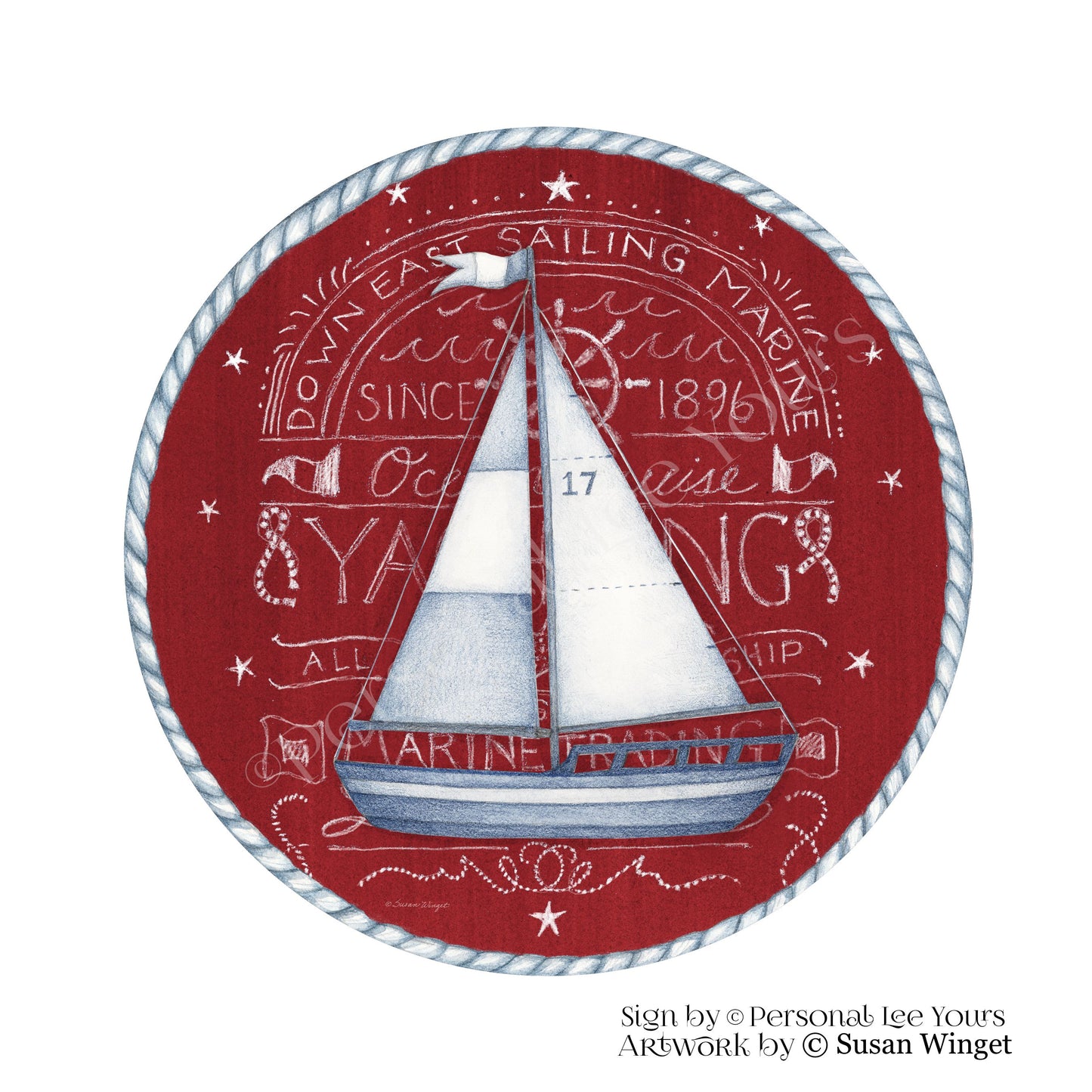 Susan Winget Exclusive Sign * Nautical Sailboat * Navy, Red or Teal * Round * Lightweight Metal