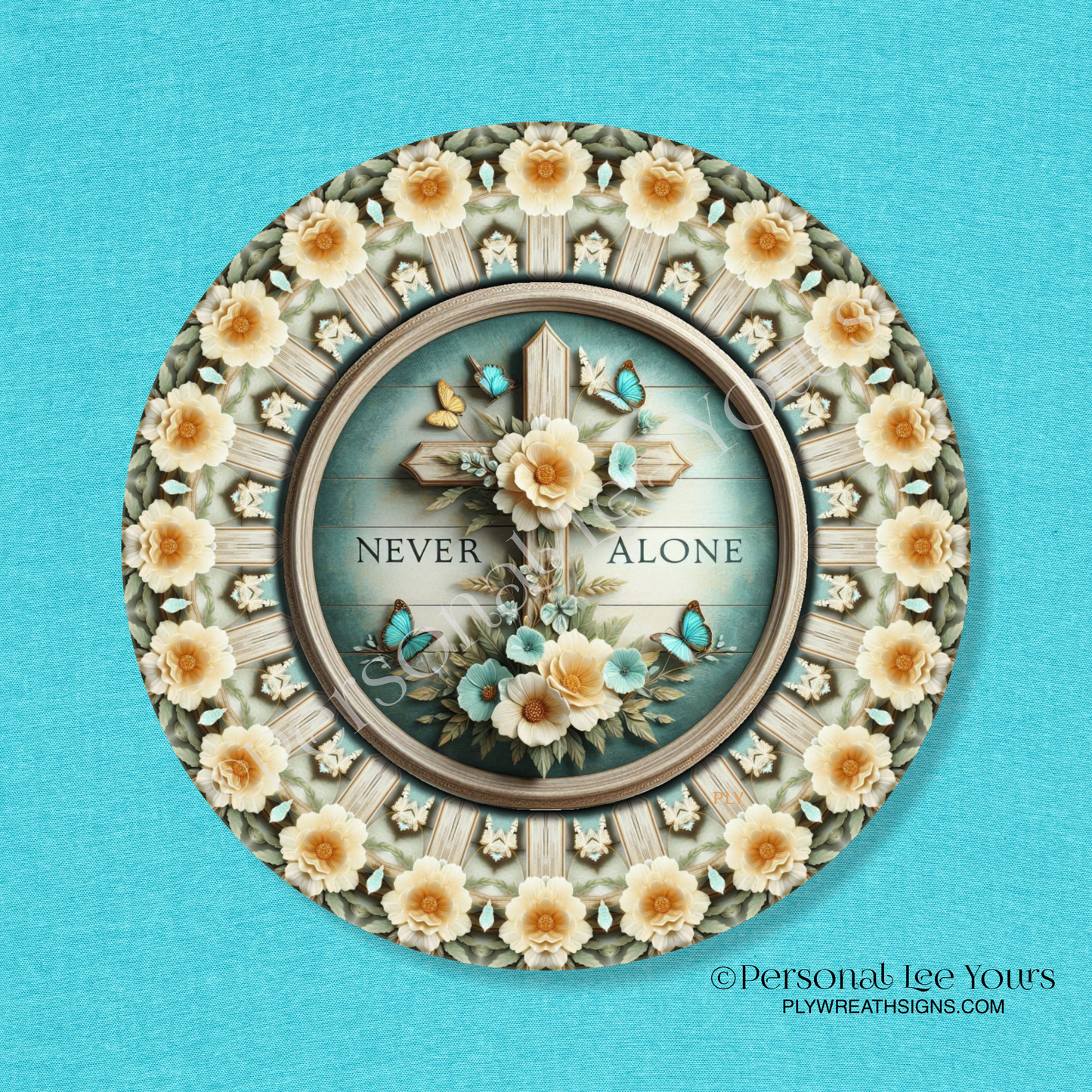 Wreath Sign * Never Alone * Round * Lightweight Metal