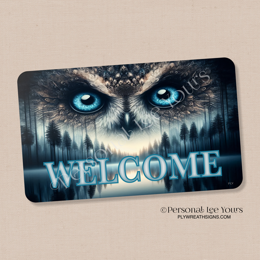 Wreath Sign * Owl Reflection Welcome * Horizontal *  3 Sizes * Lightweight Metal