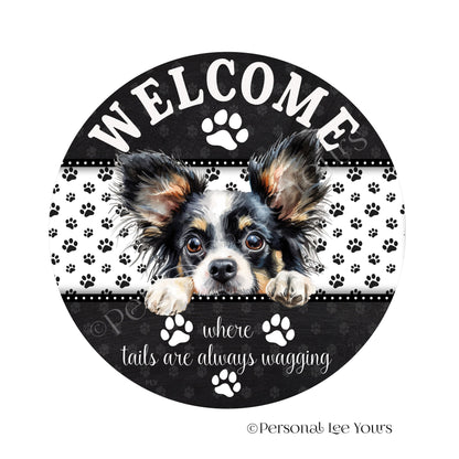 Peeking Pups Wreath Sign * Papillon * Round * Lightweight Metal