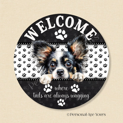 Peeking Pups Wreath Sign * Papillon * Round * Lightweight Metal