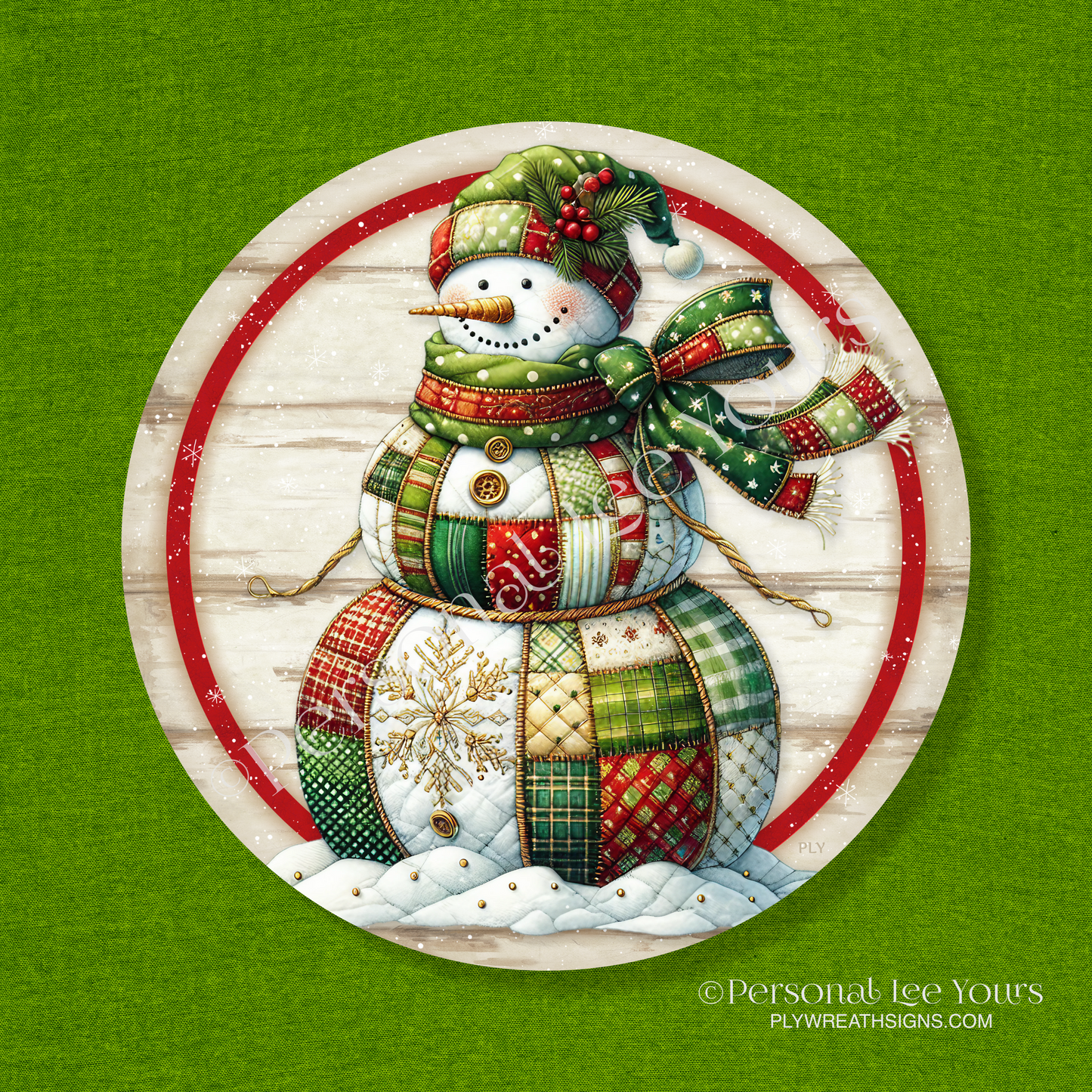 Wreath Sign * Winter Patchwork Snowman * Round * Lightweight Metal