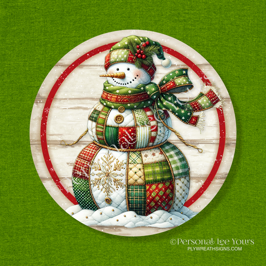 Wreath Sign * Winter Patchwork Snowman * Round * Lightweight Metal