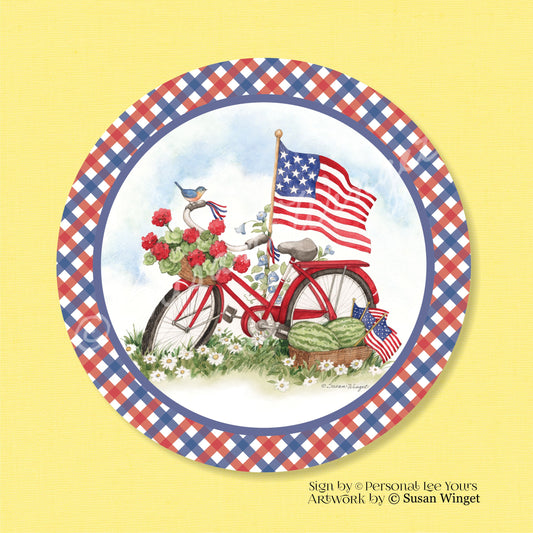 Susan Winget Exclusive Sign * Patriotic Bicycle With Border * Round * Lightweight Metal