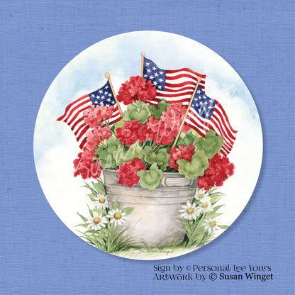 Susan Winget Exclusive Sign * Patriotic Geraniums w/o Border * Round * Lightweight Metal