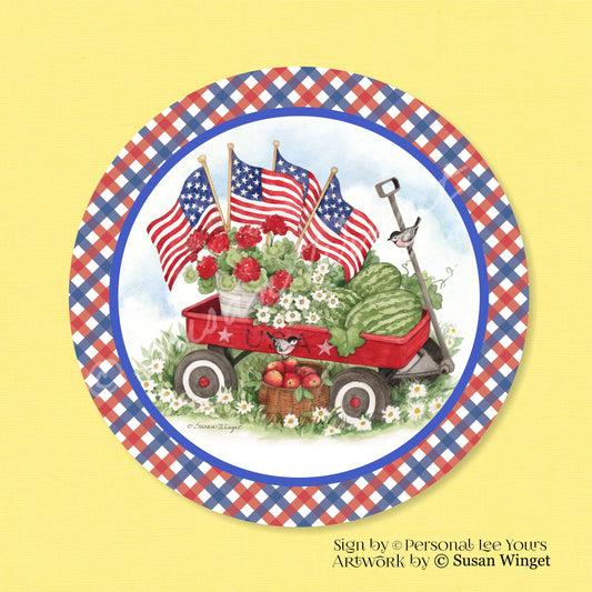 Susan Winget Exclusive Sign * Patriotic Little Red Wagon With Border * Round * Lightweight Metal