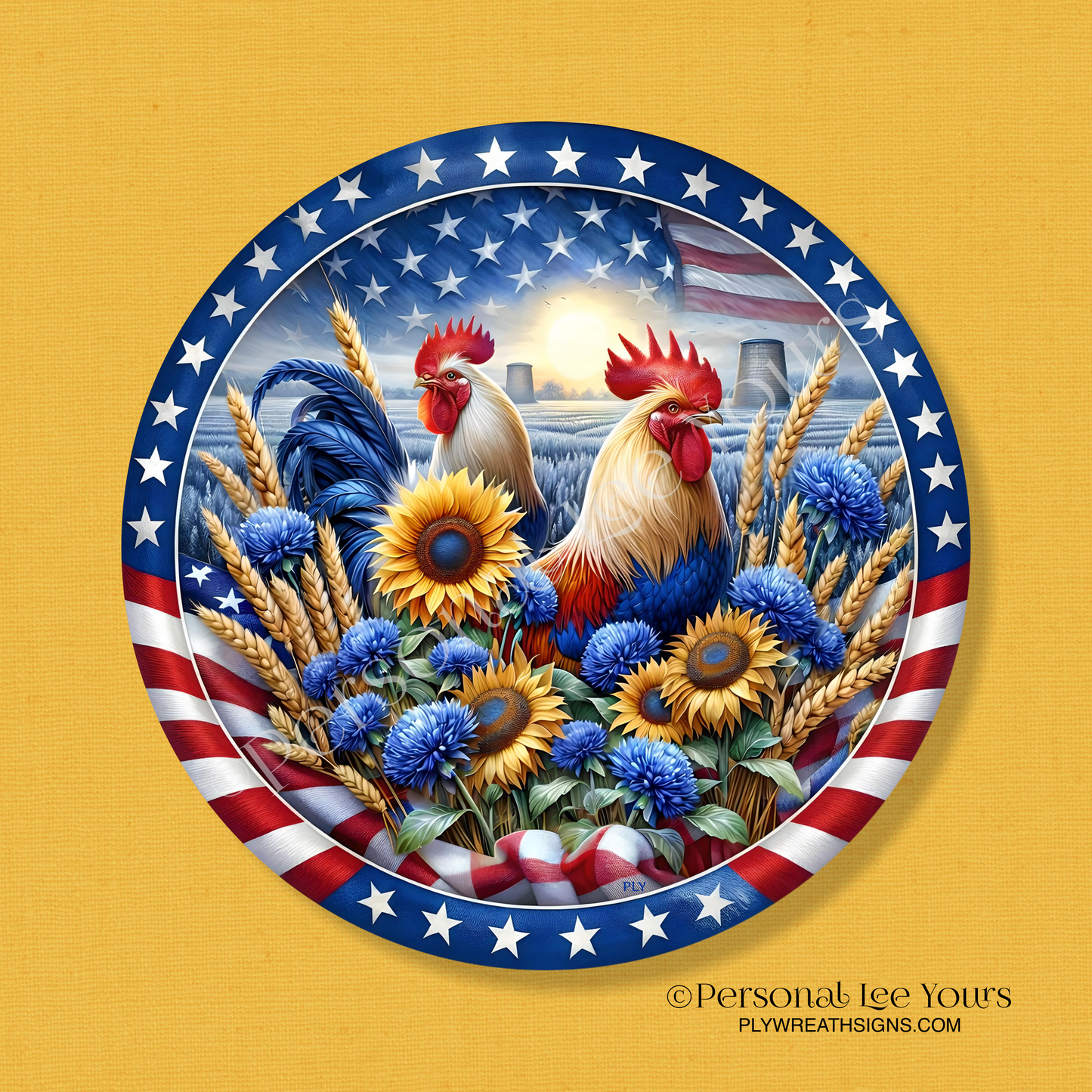 Wreath Sign * Patriotic Roosters * Round * Lightweight Metal