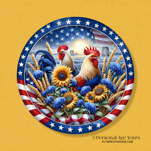 Wreath Sign * Patriotic Roosters * Round * Lightweight Metal