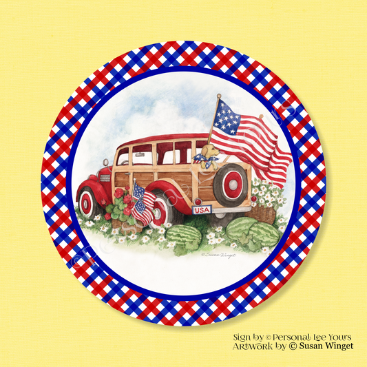 Susan Winget Exclusive Sign * Patriotic Woody With Border * Round * Lightweight Metal
