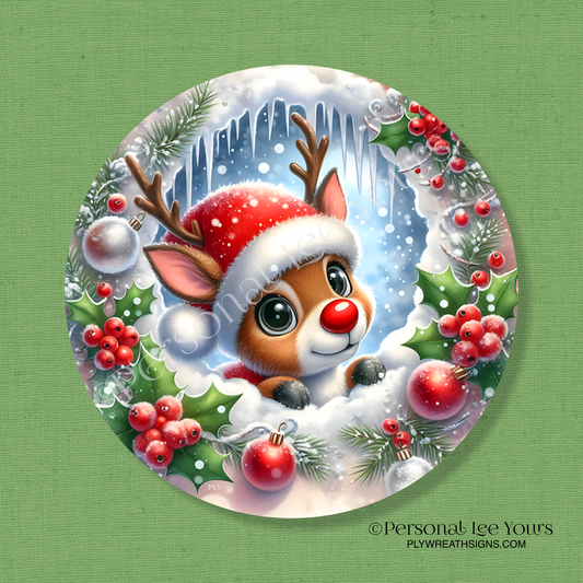 Christmas Wreath Sign * Peeking Rudolph * Round * Lightweight Metal