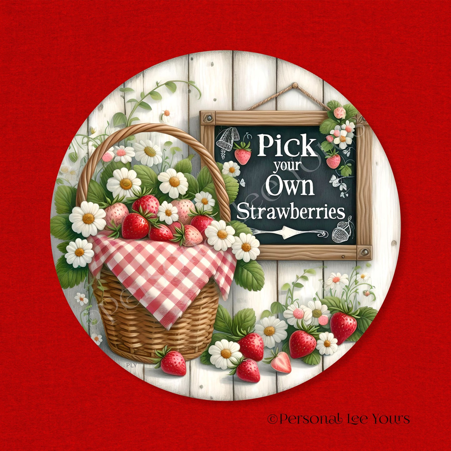 Wreath Sign * Pick Your Own Strawberries * Round * Lightweight Metal