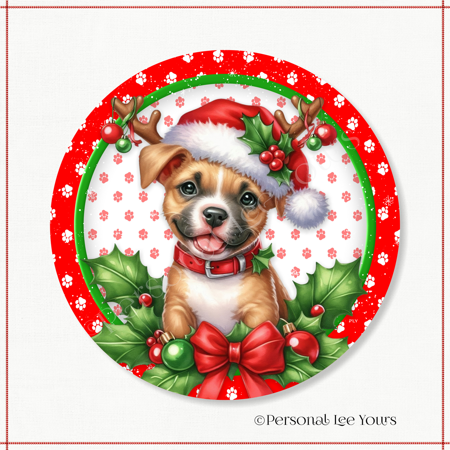 Holiday Wreath Sign * Christmas, Pit Bull Terrier * Round * Lightweight Metal