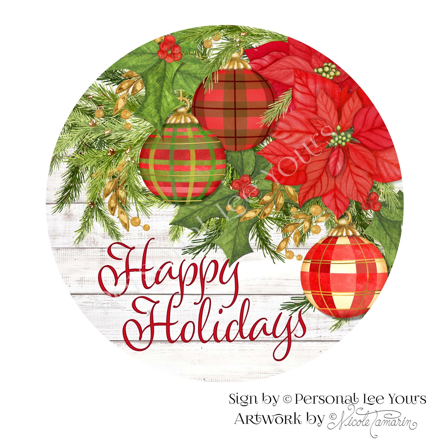 Nicole Tamarin Exclusive Sign * Plaid Christmas, Happy Holidays * Round * Lightweight Metal