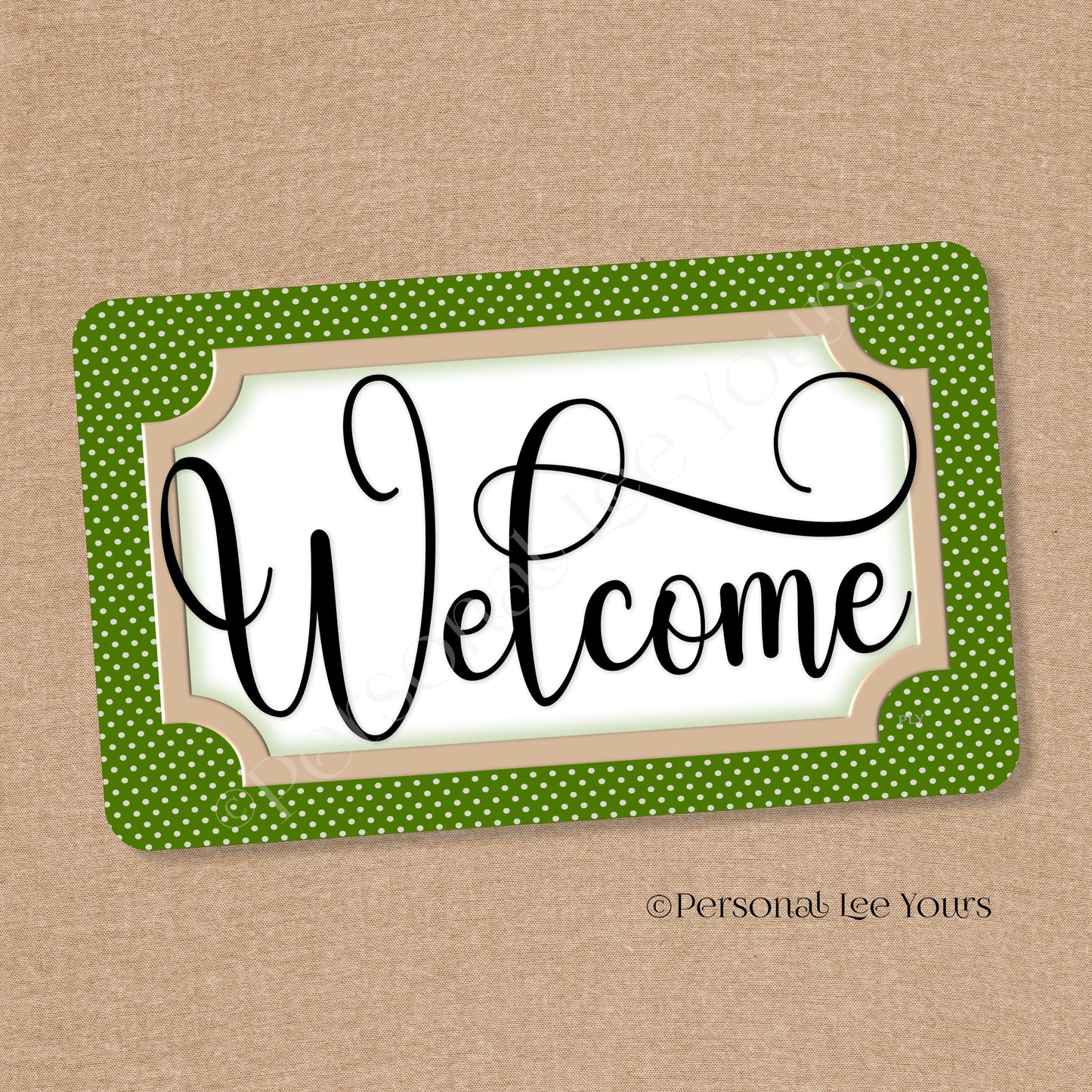 Simple Welcome Wreath Sign * Polka Dot, Moss and Tan * Horizontal * Lightweight Metal