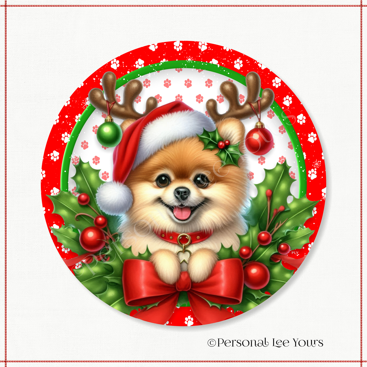 Holiday Wreath Sign * Christmas, Pomeranian * Round * Lightweight Metal