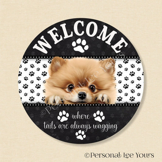 Peeking Pups Wreath Sign * Pomeranian * Round * Lightweight Metal