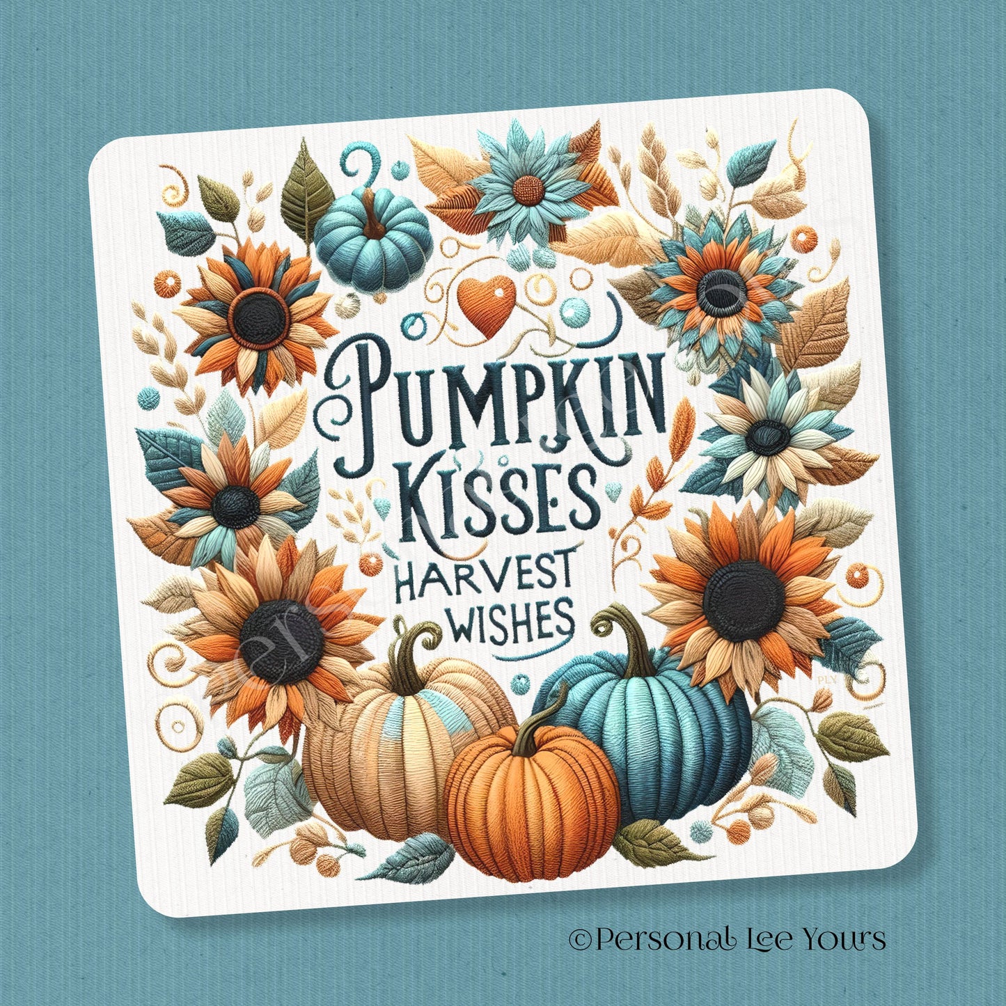 Wreath Sign * Pumpkin Kisses Harvest Wishes * Square * 3 Sizes * Lightweight Metal