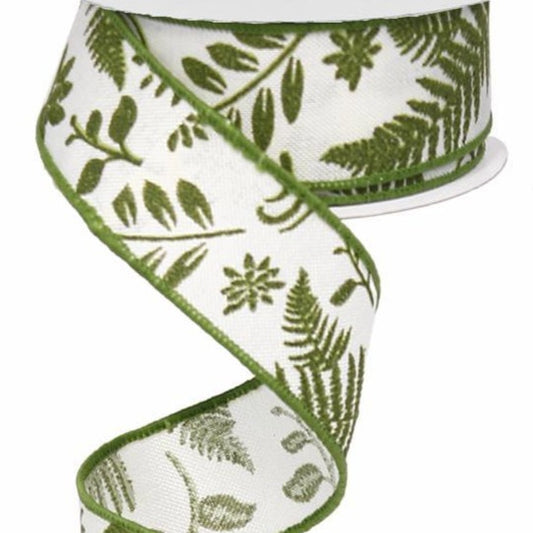 Wired Ribbon * Embroidered Greenery * Ivory and Green Canvas * 1.5" x 10 Yards * RG01308XT
