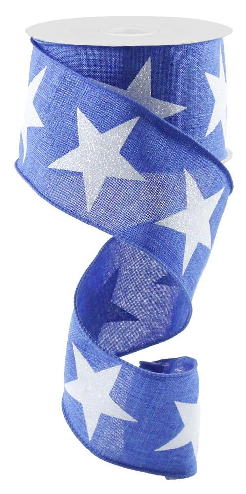Patriotic Wired Ribbon * Bold Glitter Stars * Royal Blue and White * 2.5" x 10 Yards * RG0166325 * Royal Canvas