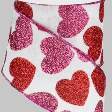 Wired Ribbon * Bold Glitter Hearts * Red, Pink and White * 2.5" x 10 Yards * RG0166927