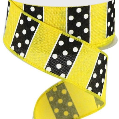 Wired Ribbon * Polka Dot Stripes * Yellow and Black Canvas * 1.5" x 10 Yards * RG019678N