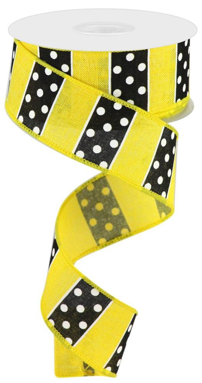 Wired Ribbon * Polka Dot Stripes * Yellow and Black Canvas * 1.5" x 10 Yards * RG019678N