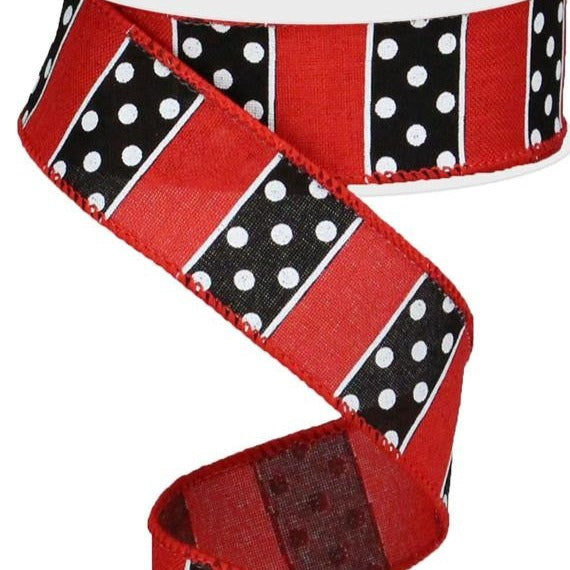 Wired Ribbon * Polka Dot Stripes * Red and Black Canvas * 1.5" x 10 Yards * RG0197024