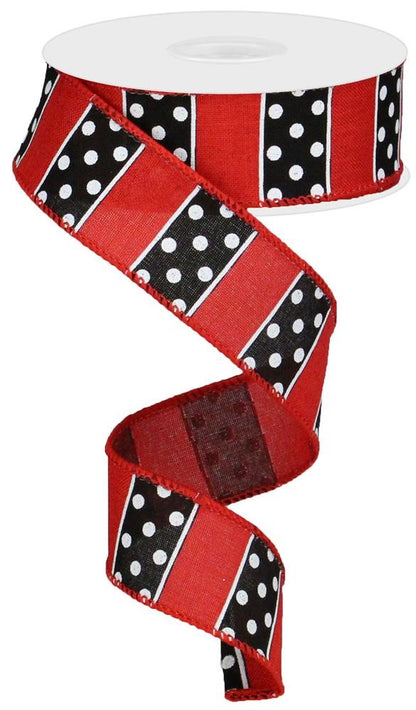 Wired Ribbon * Polka Dot Stripes * Red and Black Canvas * 1.5" x 10 Yards * RG0197024