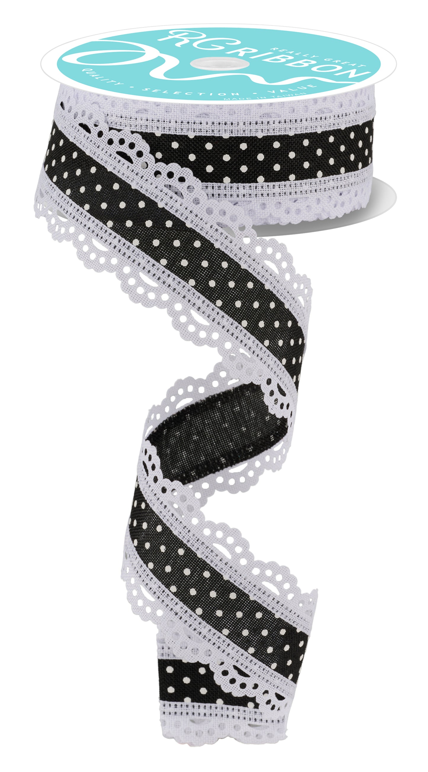Wired Ribbon * Swiss Dot with Scalloped Edge * Black and White Canvas * 1.5" x 10 Yards * RG0886902