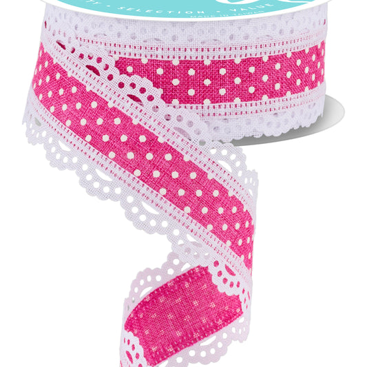 Wired Ribbon * Swiss Dot with Scalloped Edge * Fuchsia and White Canvas * 1.5" x 10 Yards * RG0886907