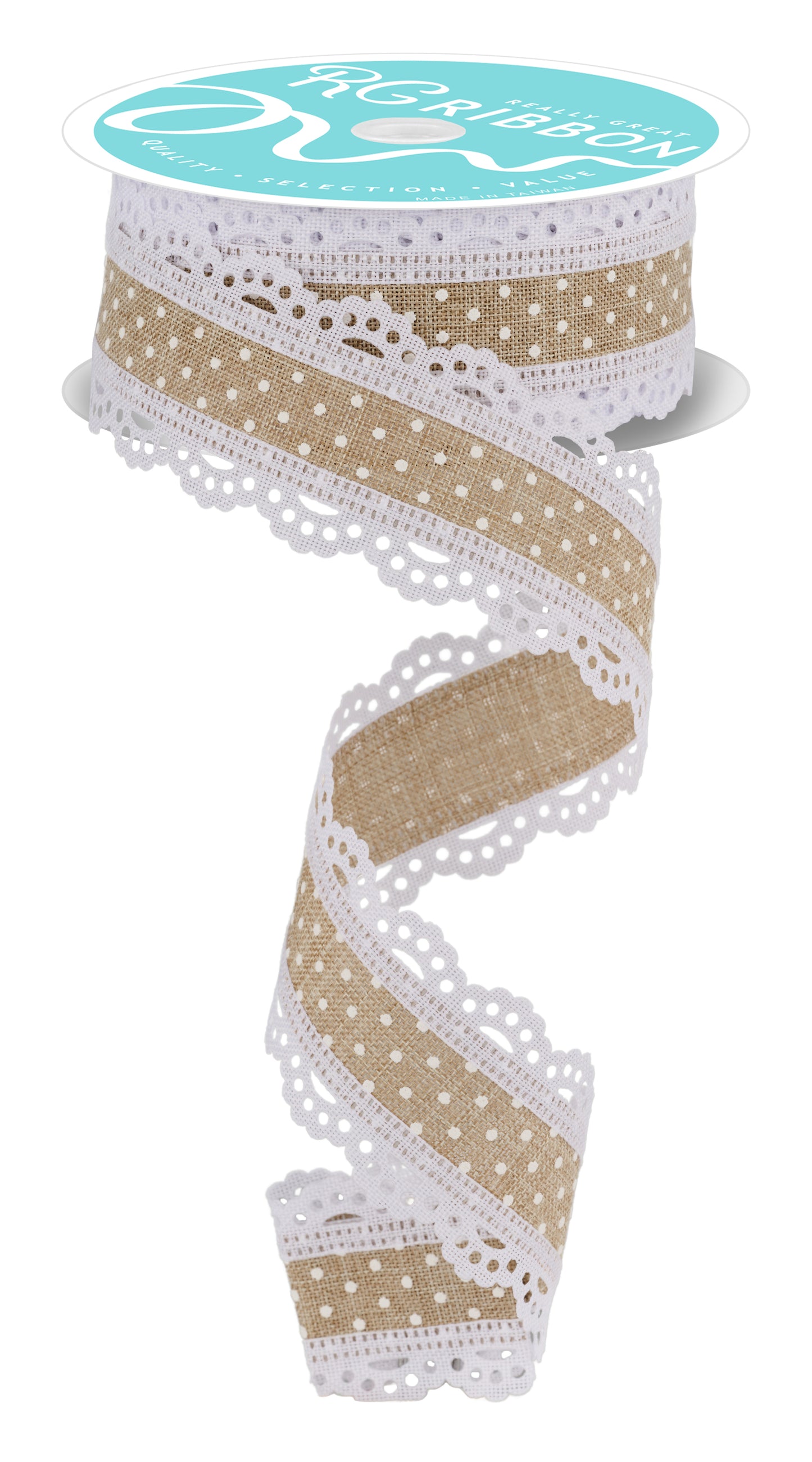Wired Ribbon * Swiss Dot with Scalloped Edge * Natural and White Canvas * 1.5" x 10 Yards * RG0886918