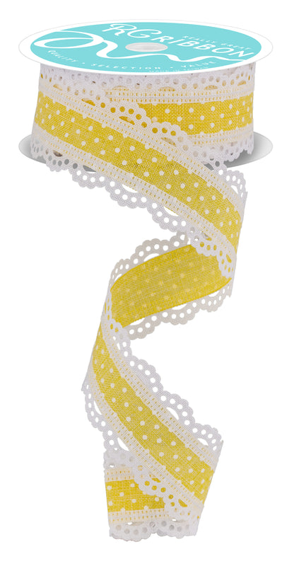 Wired Ribbon * Swiss Dot with Scalloped Edge * Yellow and White Canvas * 1.5" x 10 Yards * RG0886929