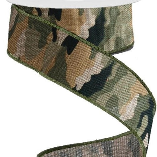 Wired Ribbon * Camouflage  * Lt. Tan, Beige, Moss, Fern and Black Canvas * 1.5" x 10 Yards * RG1250