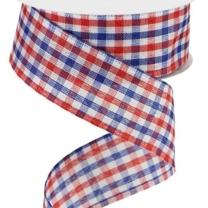 Wired Ribbon * Gingham Check  * Red/White/Blue Woven Canvas * 1.5" x 10 Yards * RGA1102A1