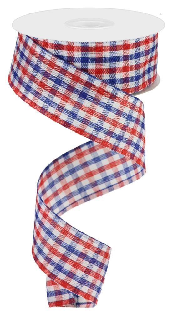 Wired Ribbon * Gingham Check  * Red/White/Blue Woven Canvas * 1.5" x 10 Yards * RGA1102A1