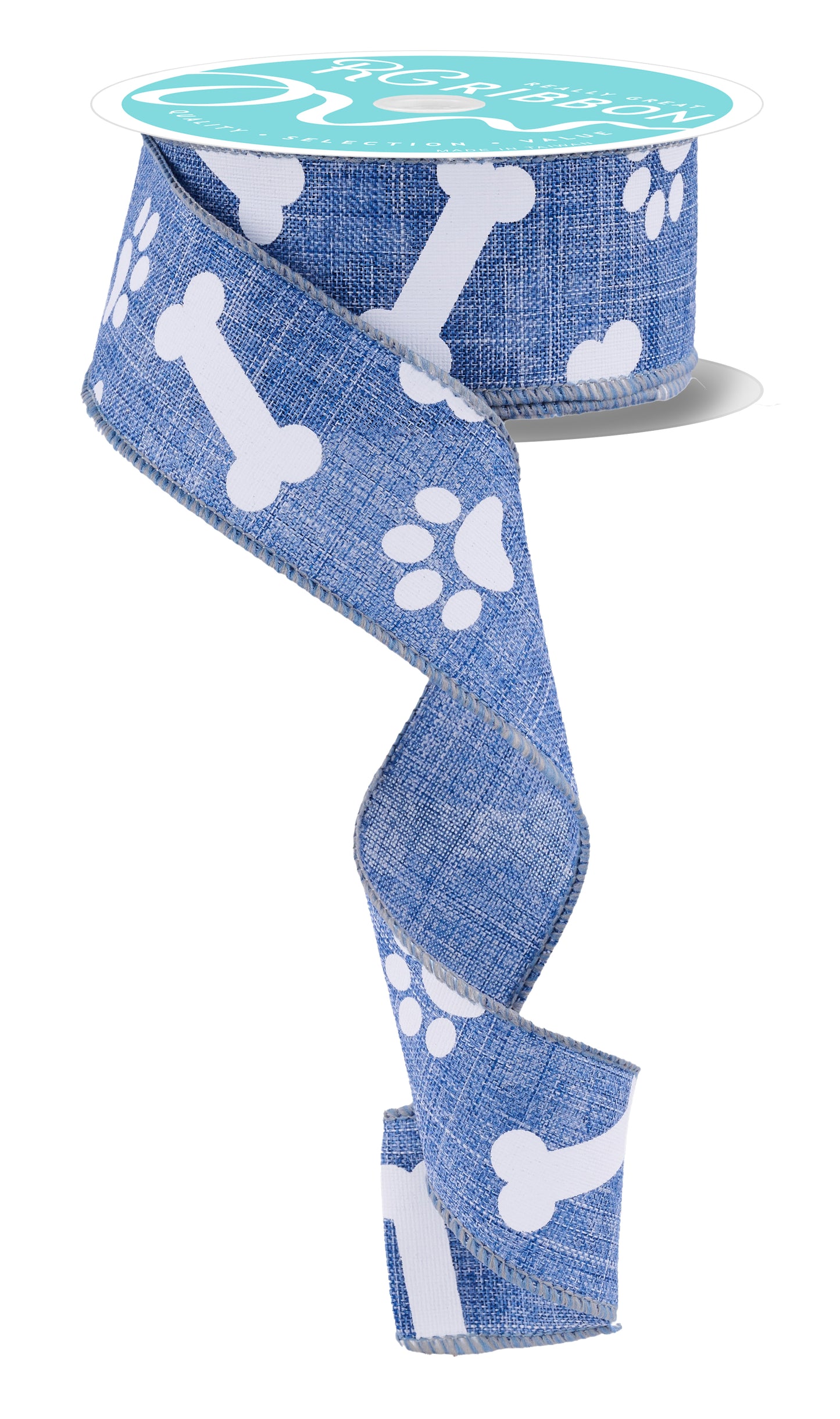 Wired Ribbon * Paw Prints & Bones * Denim and White * 1.5" x 10 Yards * RGA115065