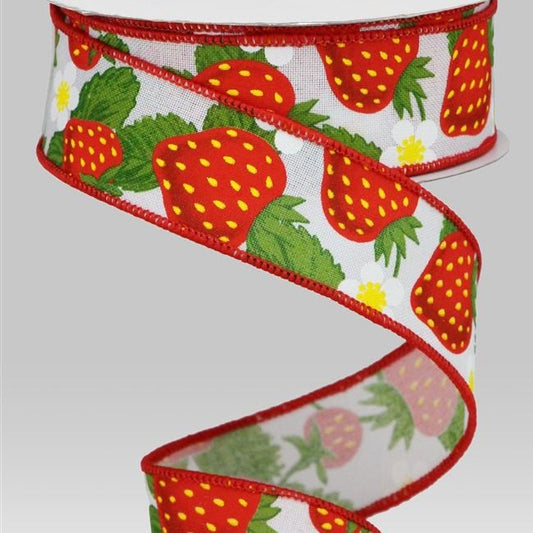 Wired Ribbon * Strawberries * White, Red, Green and Yellow on Canvas * 1.5" x 10 Yards * RGA118327