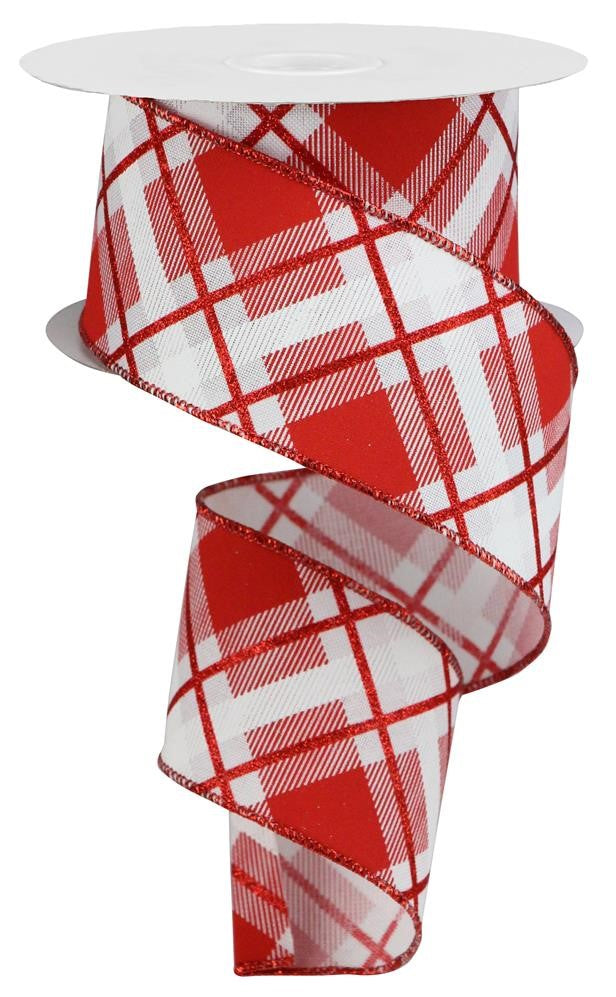 Wired Ribbon * Glitter Plaid * Red and White Canvas * 2.5" x 10 Yards * RGA1202F3