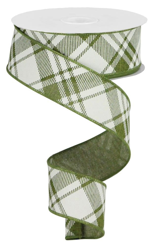 Wired Ribbon * Diagonal Stripe * Moss Green/Ivory * 1.5" x 10 Yards * RGA128552  * Canvas